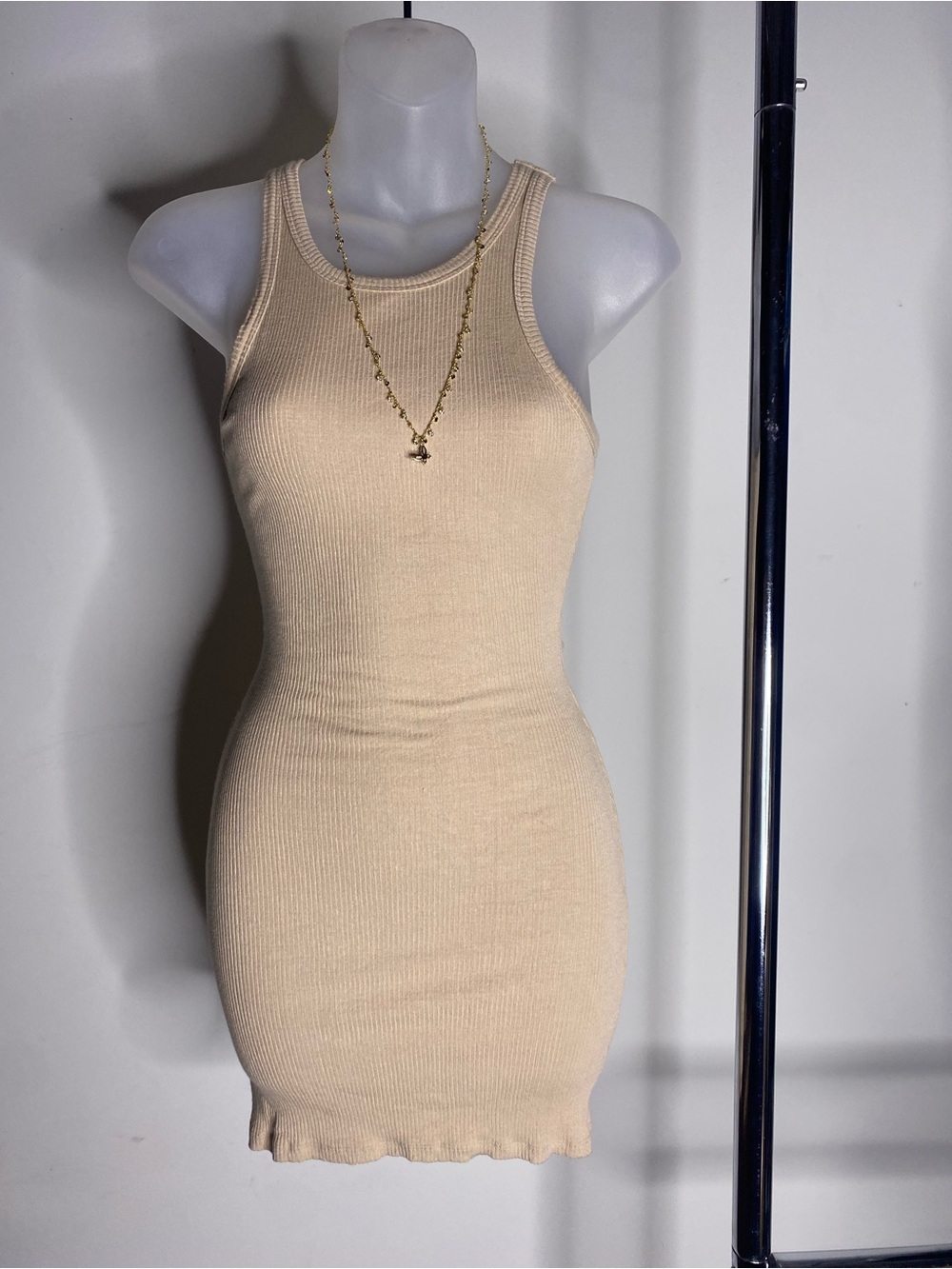 Vintage Windsor Made in USA Sleeveless Ribbed Tank Dress in Beige